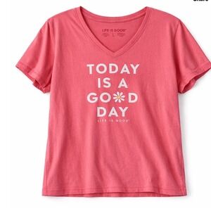 Life is Good Womens Today Is A Good Day Daisy V-Neck T-Shirt Coral Pink Large